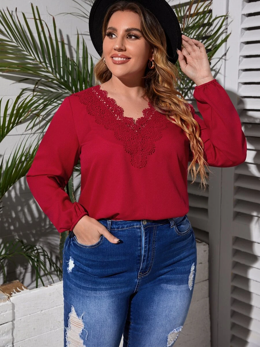 SHEIN LUNE Plus Guipure Lace Appliques Blouse - Burgundy - View 1
