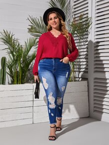 SHEIN LUNE Plus Guipure Lace Appliques Blouse - Burgundy - View 4