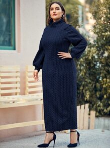 Mulvari 大碼漏斗領後開衩纜繩針織連衣裙 - 藏蓝色 - 查看 5