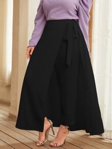 Modelyn 大碼素色長褲帶側繫帶半身裙 - 黑色 - 查看 1
