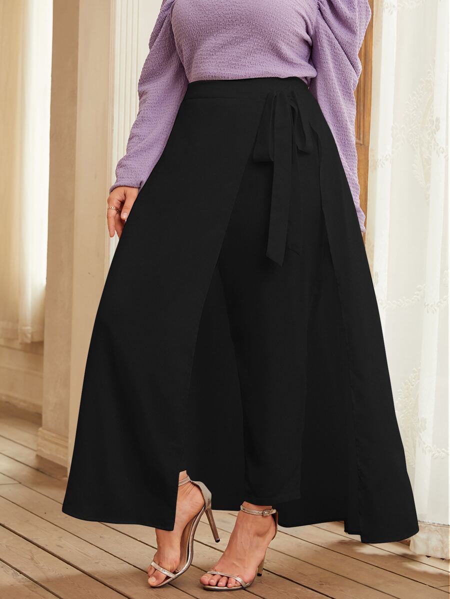 Modelyn 大碼素色長褲帶側繫帶半身裙 - 黑色 - 查看 1