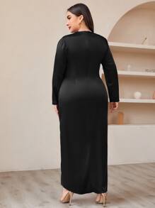 Modelyn Plus Tulip Hem Ruched Front Satin Dress - Black - View 2