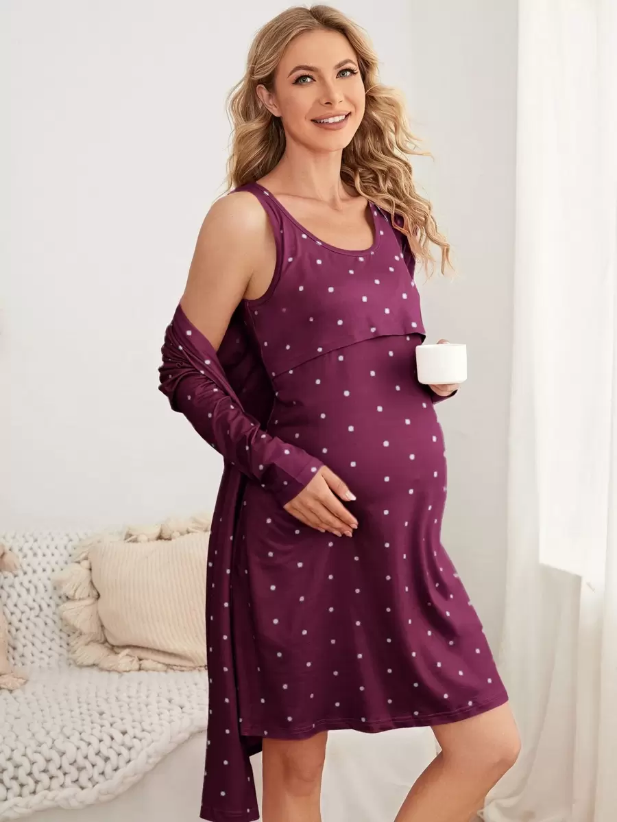 SHEIN Maternity Polka Dot Print Nursing Dress & Open Front Robe Lounge Set, Fall Winter Clothes - Burgundy - View 1