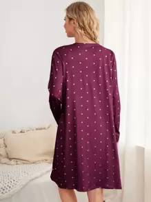 SHEIN Maternity Polka Dot Print Nursing Dress & Open Front Robe Lounge Set, Fall Winter Clothes - Burgundy - View 2