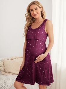 SHEIN Maternity Polka Dot Print Nursing Dress & Open Front Robe Lounge Set, Fall Winter Clothes - Burgundy - View 4