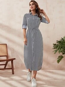 Mulvari Striped Roll Tab Sleeve Belted Shirt Dress - Black and White - View 1