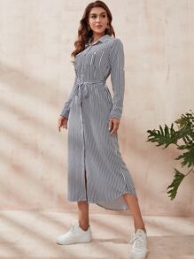 Mulvari Striped Roll Tab Sleeve Belted Shirt Dress - Black and White - View 4