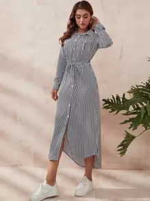 Mulvari Striped Roll Tab Sleeve Belted Shirt Dress - Black and White - View 5