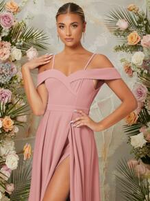 SHEIN Vestido de hombros descubiertos de muslo con abertura - Rosa vieja - Ver 4