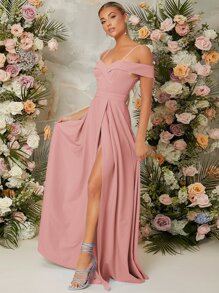 SHEIN Vestido de hombros descubiertos de muslo con abertura - Rosa vieja - Ver 5
