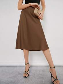 BizChic Women's Solid Color High Waist Satin Maxi Skirt, Elegant Minimalist Office Commuter Skirt, Suitable For Work, Business Casual, Teacher Outfit