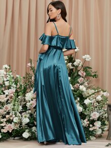 SHEIN Vestido de hombros descubiertos ribete con fruncido cruzado con cordón lateral - Agua verde azul - Ver 2