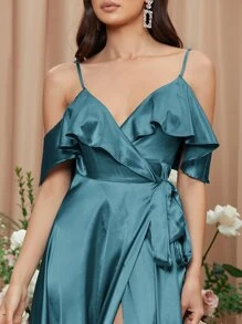 SHEIN Vestido de hombros descubiertos ribete con fruncido cruzado con cordón lateral - Agua verde azul - Ver 5