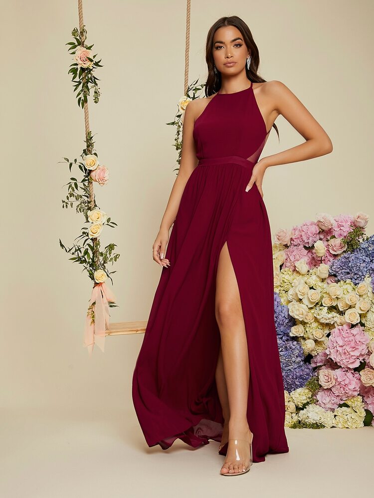 SHEIN Vestido de formatura Sem encosto Pescoço de Cabresto Fenda na coxa - Vinho - Visão 3