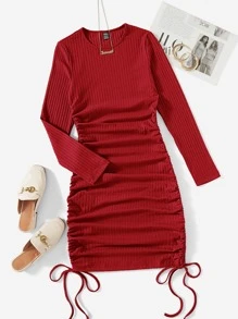 SHEIN EZwear Drawstring Ruched Side Solid Form Fitted Dress - Red - View 1