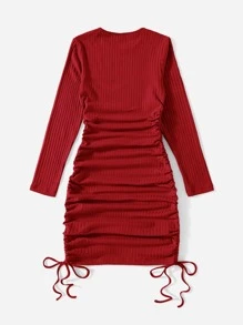 SHEIN EZwear Drawstring Ruched Side Solid Form Fitted Dress - Red - View 2