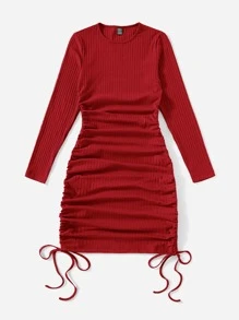 SHEIN EZwear Drawstring Ruched Side Solid Form Fitted Dress - Red - View 3