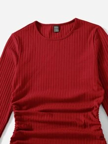 SHEIN EZwear Drawstring Ruched Side Solid Form Fitted Dress - Red - View 5