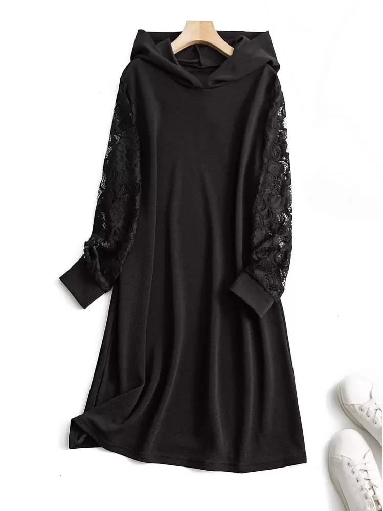 SHEIN LUNE プラス コントラストレース フード付きワンピース 