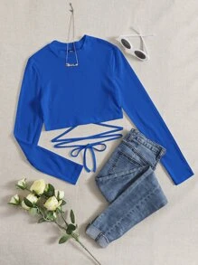 SHEIN EZwear Solid Crisscross Knotted Crop Tee - Royal Blue - View 1