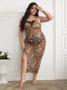 SHEIN 大碼豹紋印花拼接蕾絲高衩網紗吊帶睡裙 - 彩色 - 查看 1