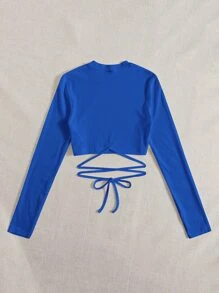 SHEIN EZwear Solid Crisscross Knotted Crop Tee - Royal Blue - View 2