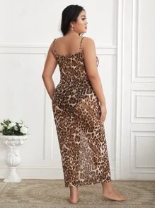 SHEIN 大碼豹紋印花拼接蕾絲高衩網紗吊帶睡裙 - 彩色 - 查看 2