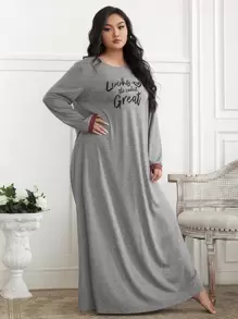 SHEIN Unity Plus Slogan Graphic Longline Sleep Dress - Grey - View 1