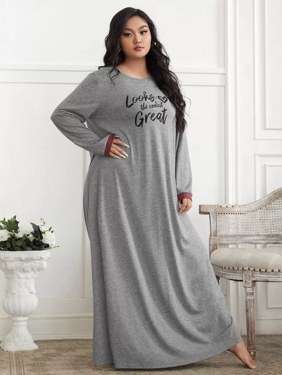 SHEIN Unity Plus Slogan Graphic Longline Sleep Dress - Grey - View 1