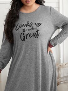 SHEIN Unity Plus Slogan Graphic Longline Sleep Dress - Grey - View 3