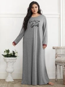 SHEIN Unity Plus Slogan Graphic Longline Sleep Dress - Grey - View 5