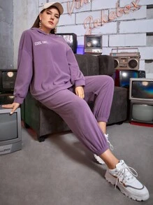 Mulvari 大碼字母刺繡落肩袖毛絨帽衫和長褲 - 紫色 - 查看 3