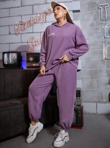 Mulvari 大碼字母刺繡落肩袖毛絨帽衫和長褲 - 紫色 - 查看 4