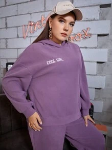 Mulvari 大碼字母刺繡落肩袖毛絨帽衫和長褲 - 紫色 - 查看 5