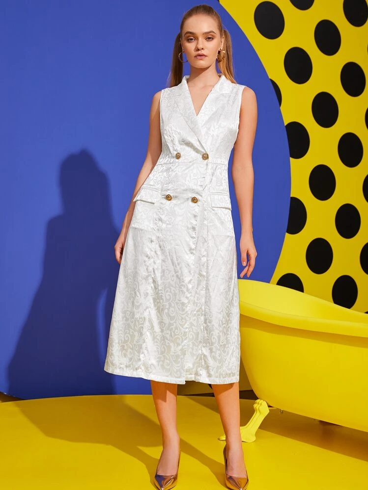 Scube Scroll Jacquard Lapel Collar Double Breasted Dress - White - View 1