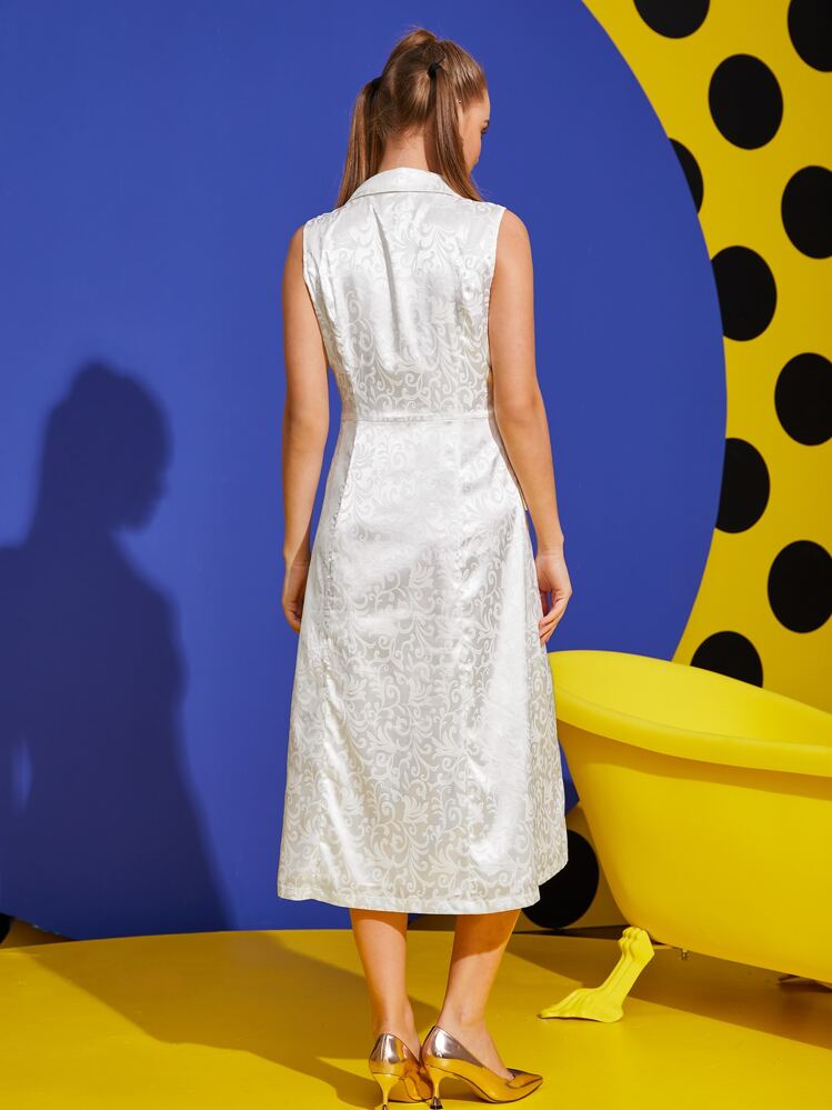 Scube Scroll Jacquard Lapel Collar Double Breasted Dress - White - View 2