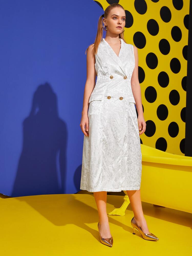 Scube Scroll Jacquard Lapel Collar Double Breasted Dress - White - View 4