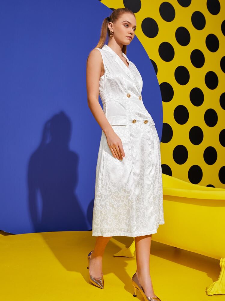 Scube Scroll Jacquard Lapel Collar Double Breasted Dress - White - View 6