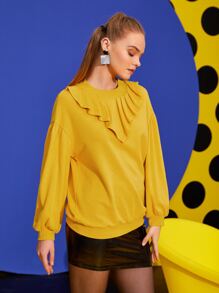 Scube 落肩袖荷葉邊套頭衫 - 芥末黃 - 查看 3