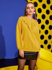 Scube 落肩袖荷葉邊套頭衫 - 芥末黃 - 查看 4