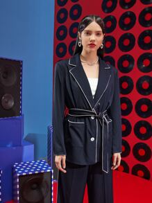 Emma Odda Abrigo ribete en contraste con doble bolsillo con cinturón - Azul Marino - Ver 1