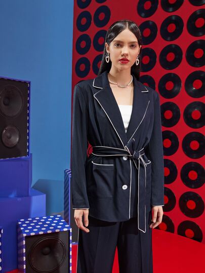 Emma Odda 拼接滾邊雙口袋腰帶外套