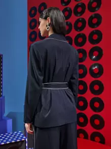 Emma Odda Abrigo ribete en contraste con doble bolsillo con cinturón - Azul Marino - Ver 2