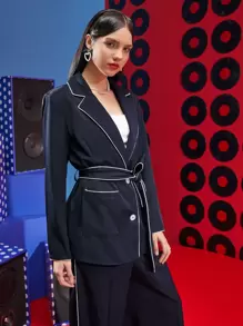 Emma Odda Abrigo ribete en contraste con doble bolsillo con cinturón - Azul Marino - Ver 4