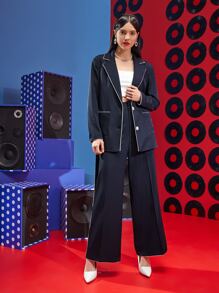 Emma Odda Abrigo ribete en contraste con doble bolsillo con cinturón - Azul Marino - Ver 5