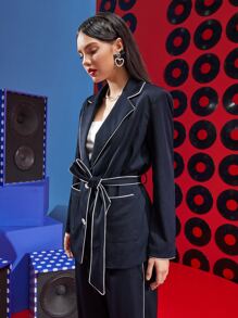 Emma Odda Abrigo ribete en contraste con doble bolsillo con cinturón - Azul Marino - Ver 6