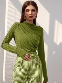 Modelyn Damskie Koszulki Pomarszczona Równy Elegancki - Oliwkowy zielony - Zobacz 4