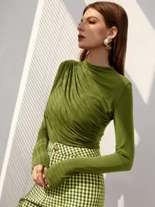 Modelyn Damskie Koszulki Pomarszczona Równy Elegancki - Oliwkowy zielony - Zobacz 5