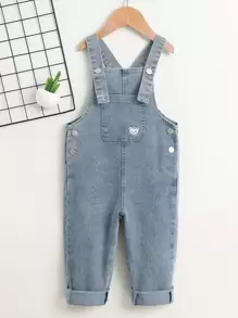 SHEIN 年輕女孩卡通熊刺繡牛仔背帶褲