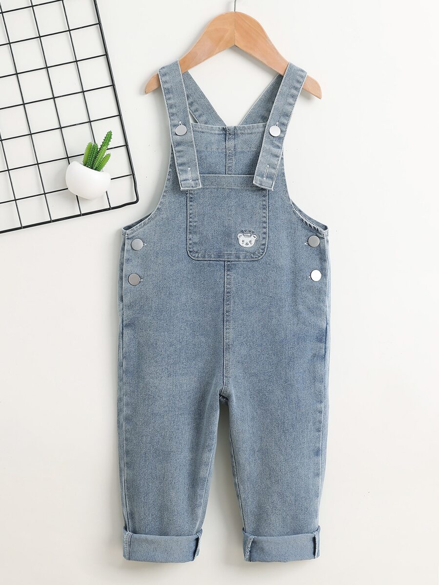 SHEIN 年輕女孩卡通熊刺繡牛仔背帶褲